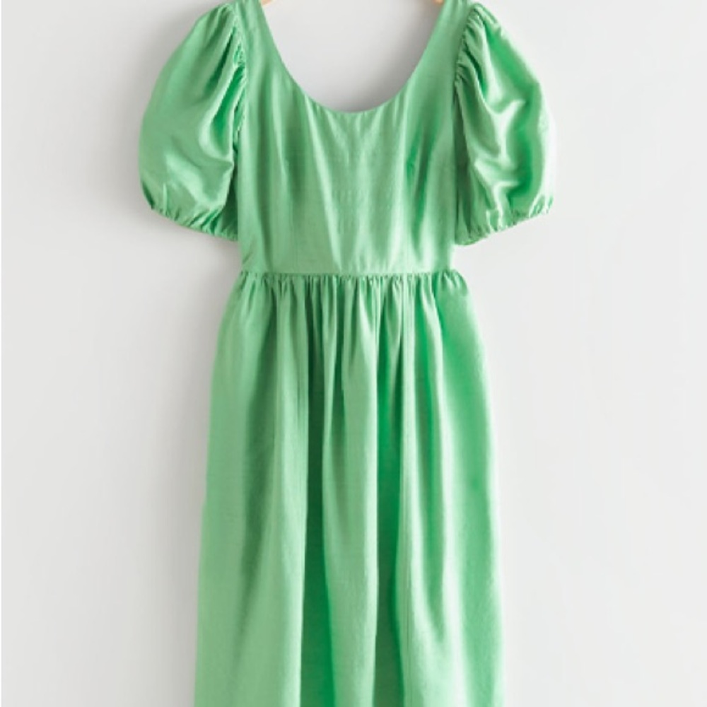 & Other Stories Green Puff Sleeve Midi Dress